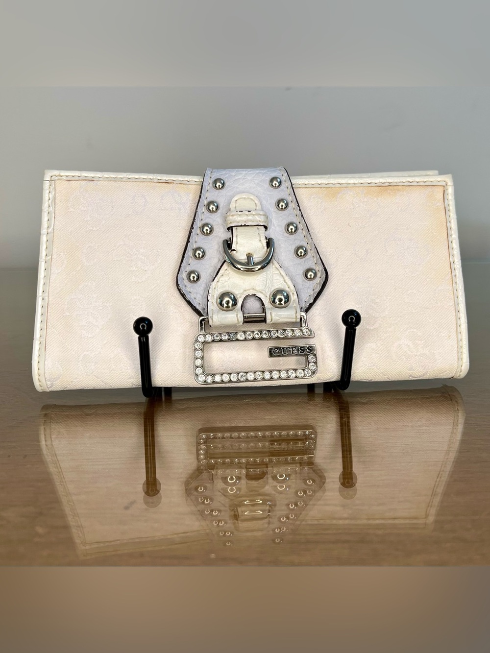 Y2K Guess Women's Wallet Large White Silver Rhinestones Buckle 2000’s